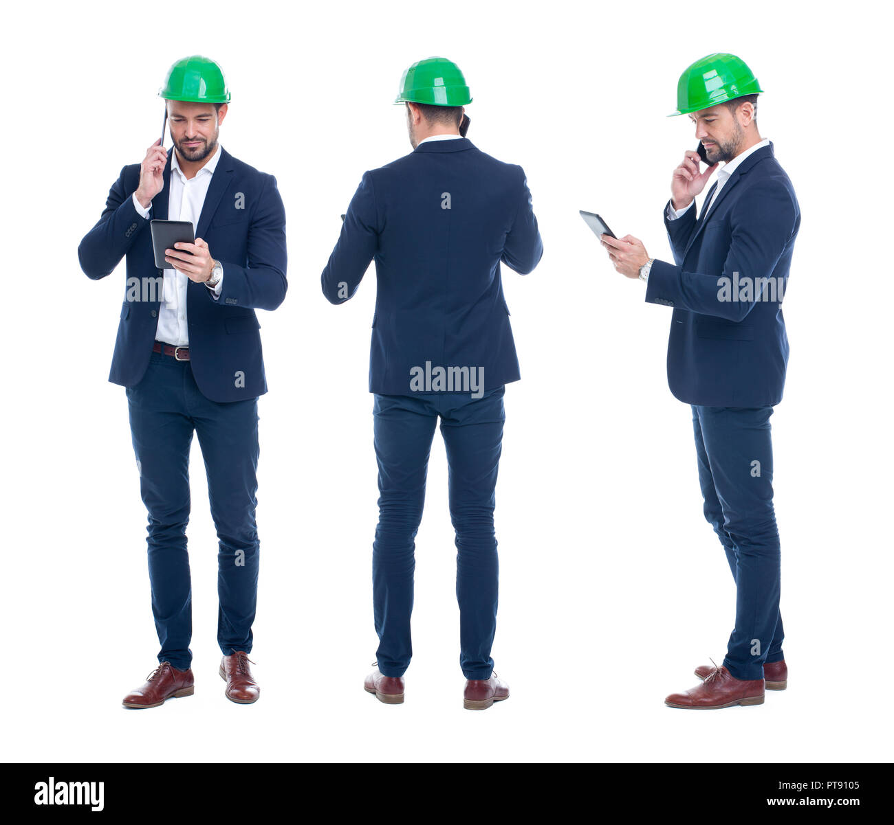 Young engineer with tablet calling by phone, front, side, rear view, isolated on white Stock Photo