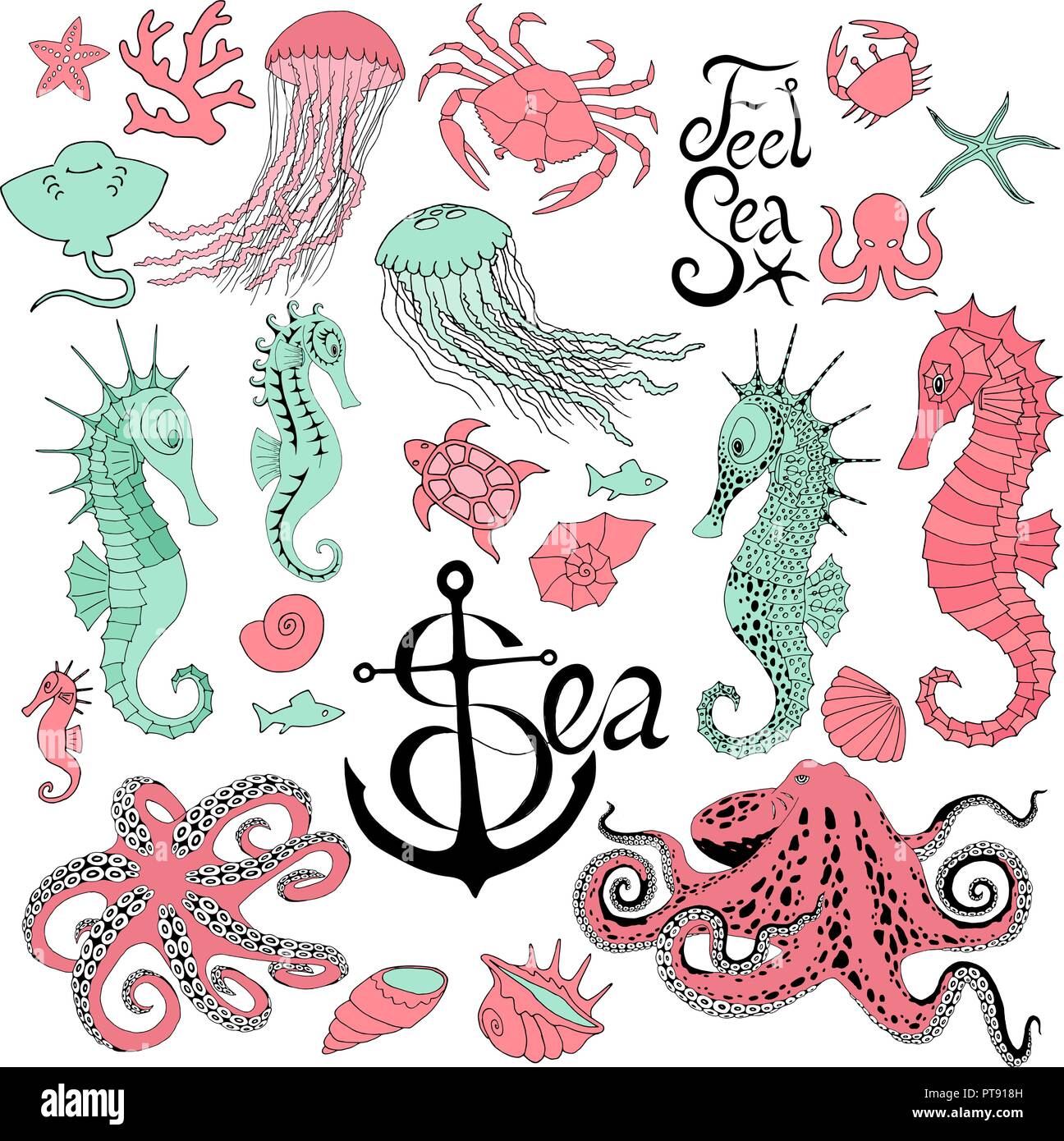 seahorses with jellyfish, octopus, crab and other Stock Vector Image ...