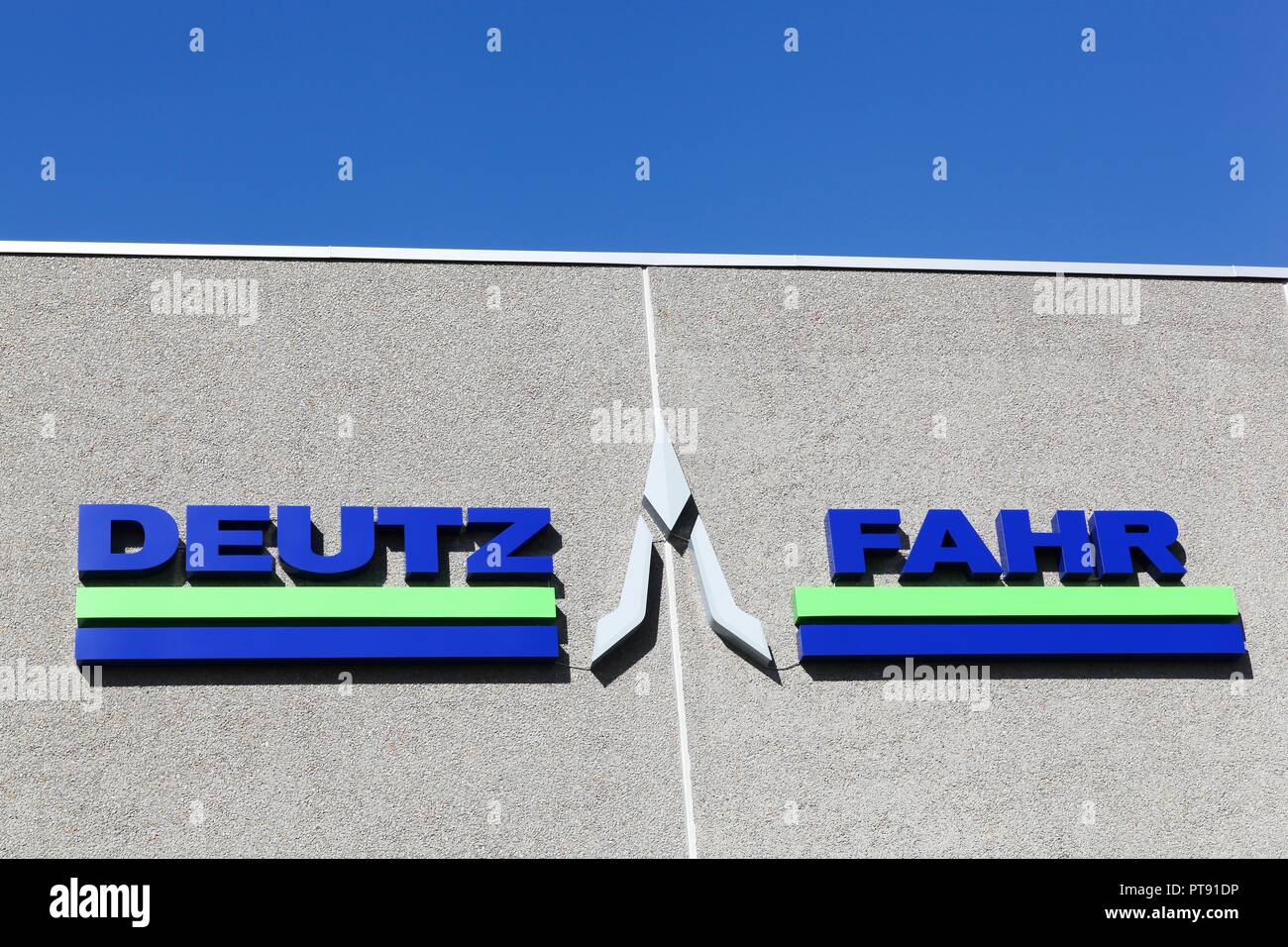 Randers, Denmark - May 5, 2018: Deutz Fahr logo on a wall. Deutz-Fahr is a brand of tractors and other farm equipment Stock Photo