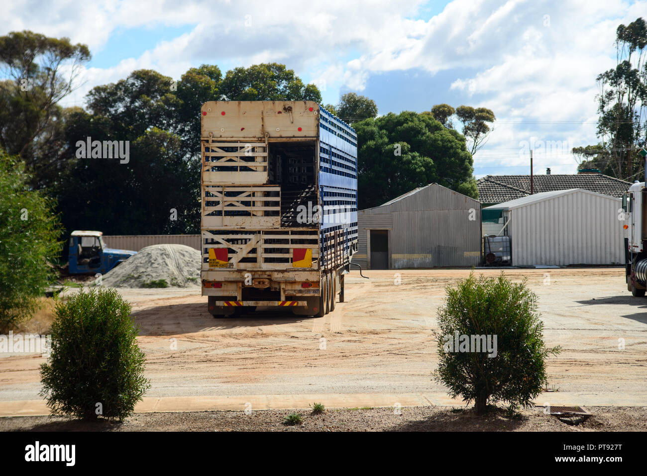 a Road Train parking on a dusty yard, Eastern Wheatbelt region, Lake Grace, Western Australia, Australia Stock Photo