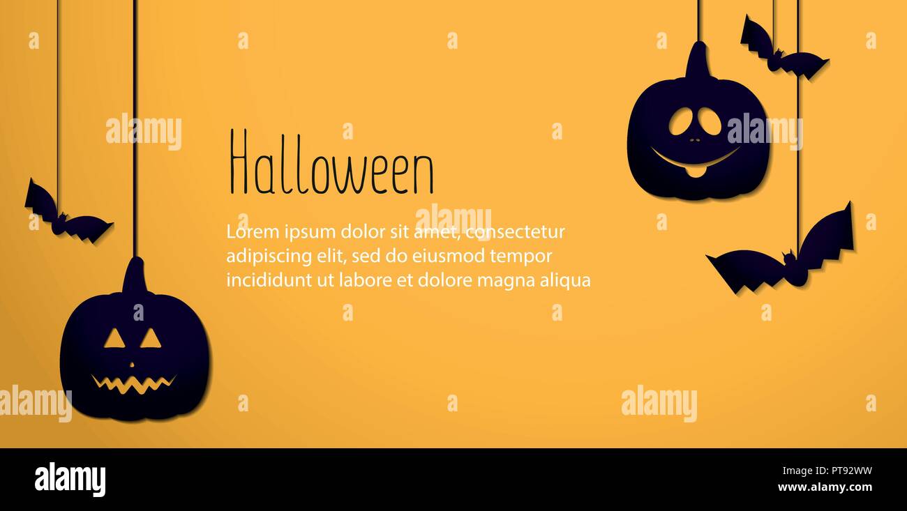 Halloween pumpkins Vector illustration Lilac paper cut jack-pumpkin's heads and bats on yellow background Template with copy space Stock Vector