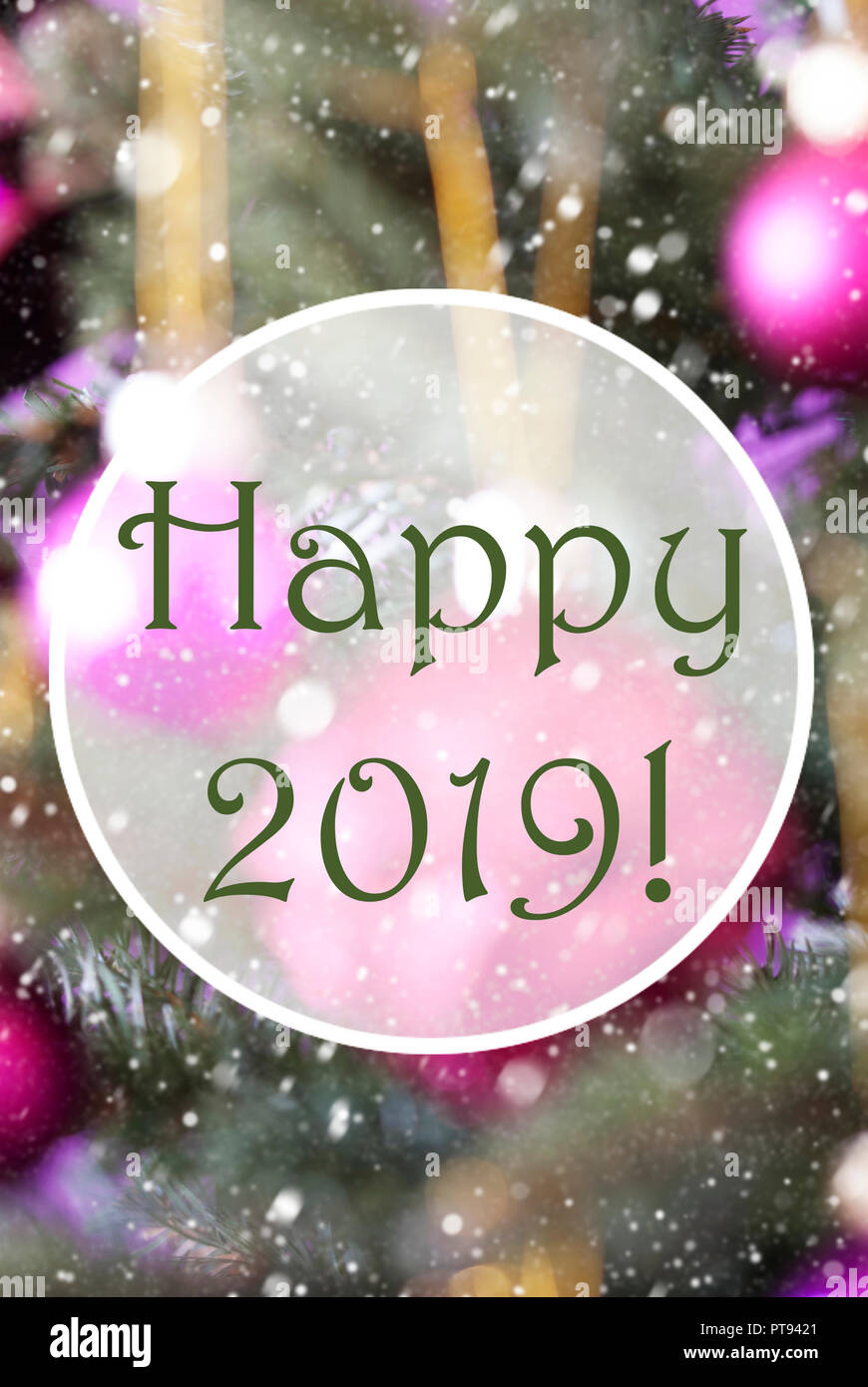 Vertical Rose Quartz Balls, Text Happy 2019, Snowflakes Stock Photo