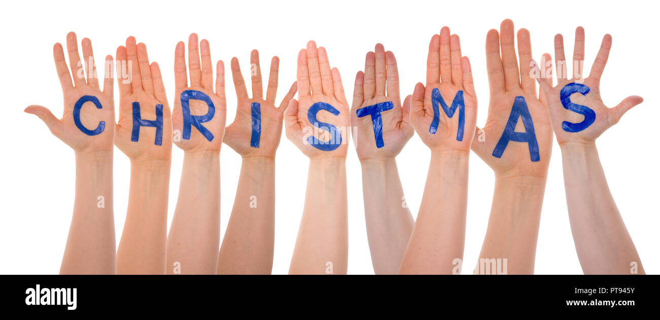 Many Hands Building English Word Christmas, Isolated Stock Photo