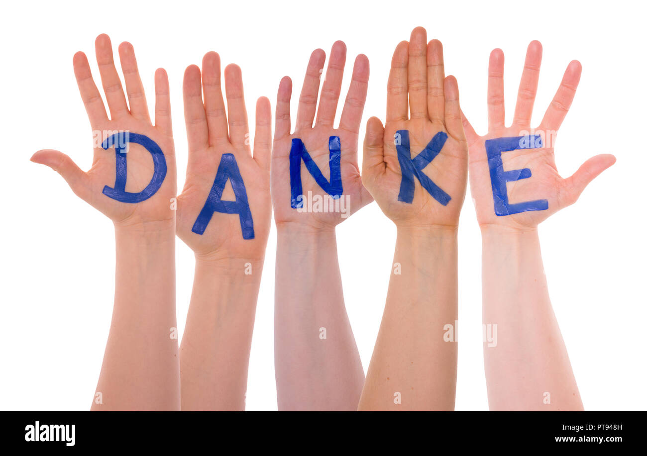Many Hands Building Danke Means Thank You, Isolated Stock Photo