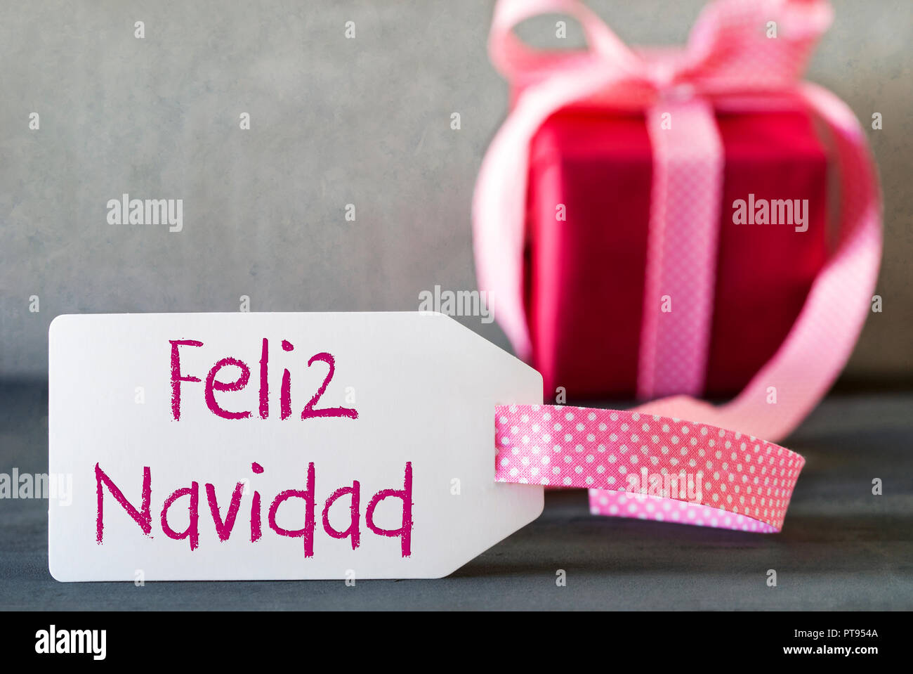 Pink Gift, Label, Feliz Navidad Means Merry Christmas Stock Photo