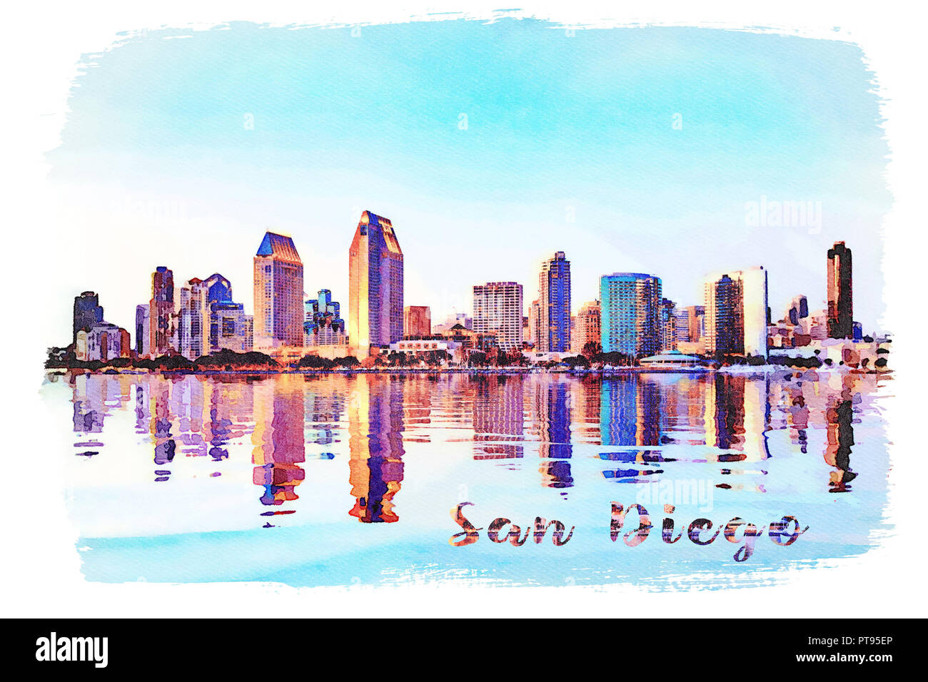 Watercolor painting from photograph of San Diego Skyline at sunset from Coronado Stock Photo