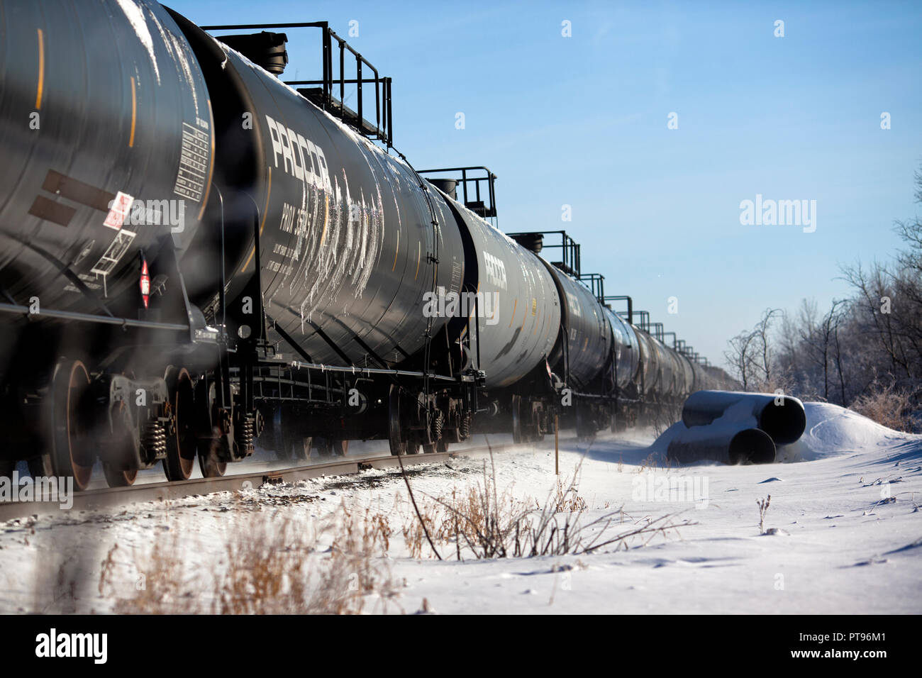 A Canadian Pacific train transporting oil leaves Hardisty, Alberta