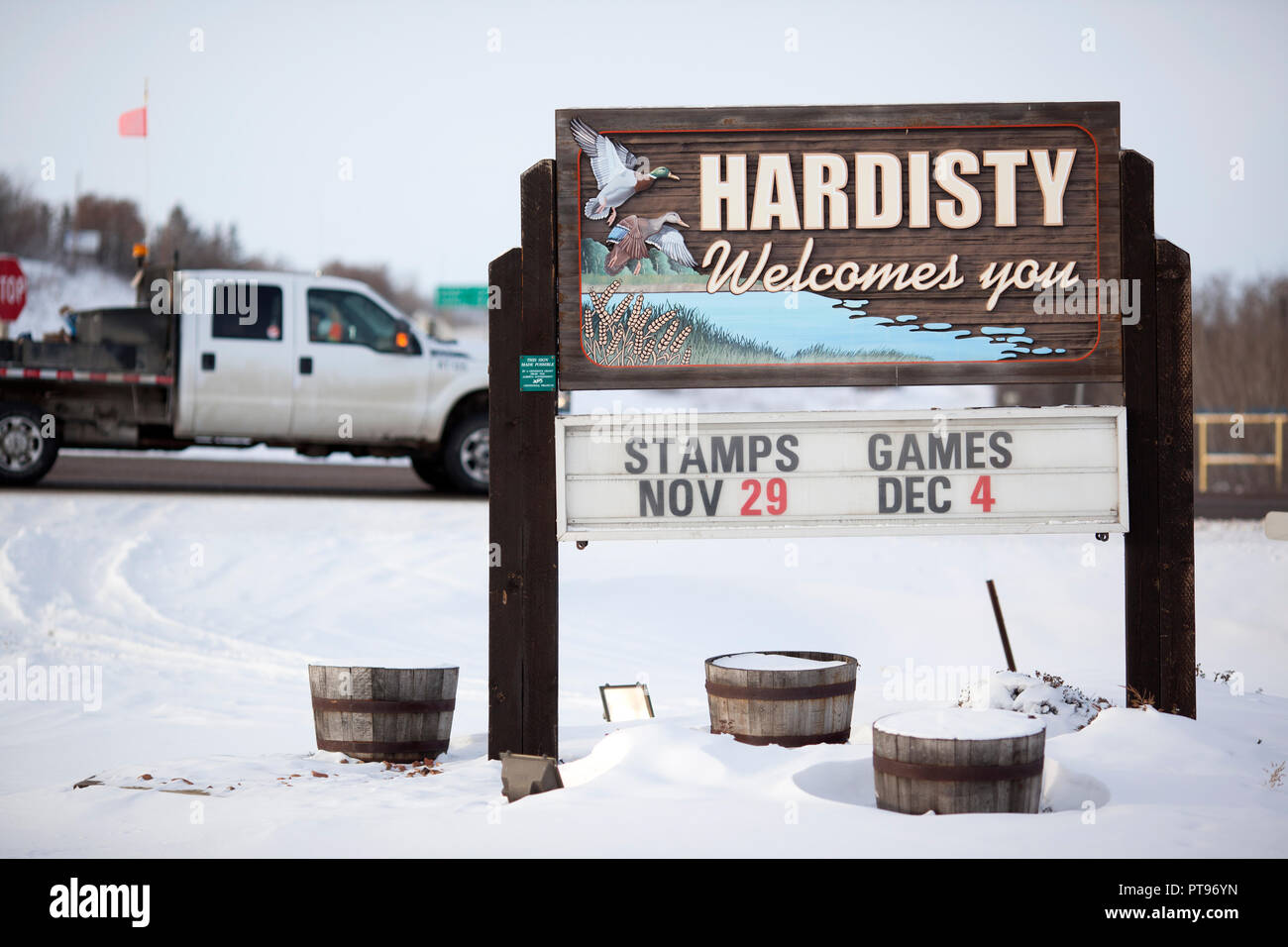 A sign for Hardisty, Alberta, Canada on December 7, 2013