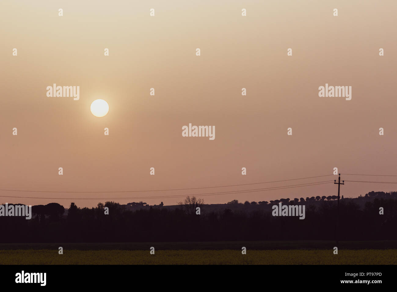 Sunset with sand suspended in the atmosphere, coluring the sky red, over some trees silhouettes and power lines Stock Photo