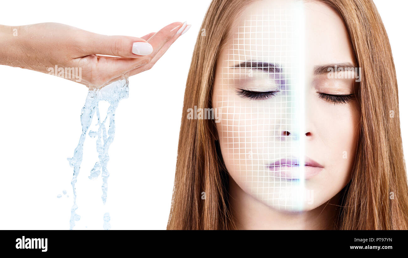 Woman face with lifting grid and pouring water in hand. Stock Photo