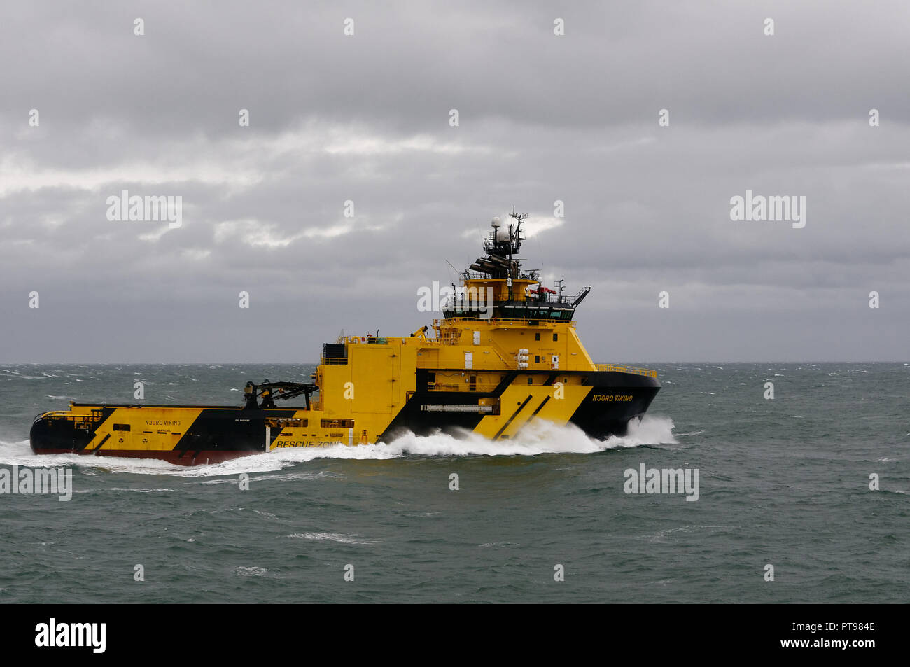 The Njord Viking High Ice-classed AHTS vessel capable of operations in harsh environment offshore seen approaching Aberdeen Harbour, Scotland Stock Photo