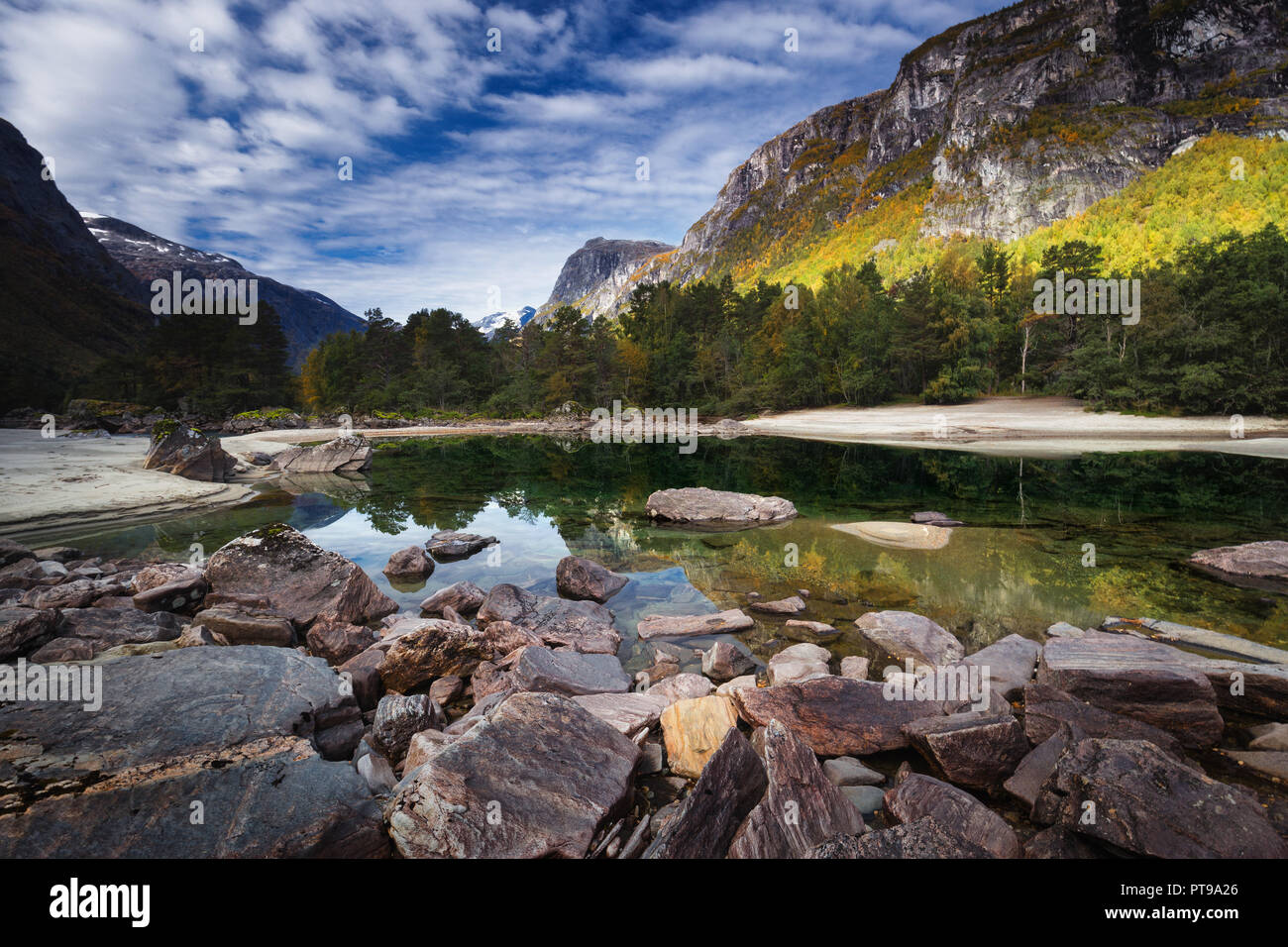 Rauma river in Romsdalen valley. Reinheimen mountains area in middle ...