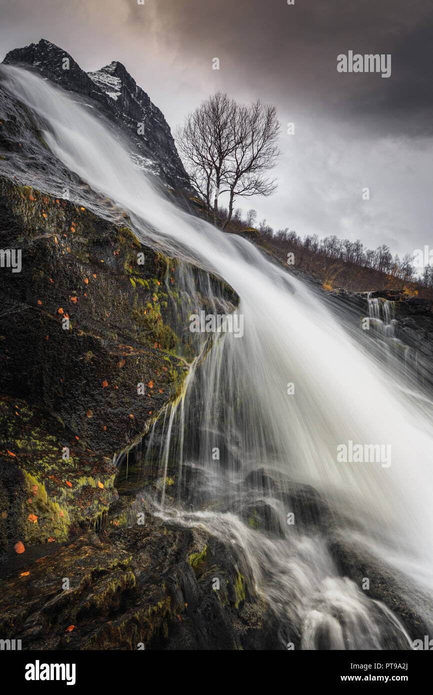 Waterfalls on river Flou. Autumnal hike through Innerdalen valley in Trollheimen national park. Stock Photo
