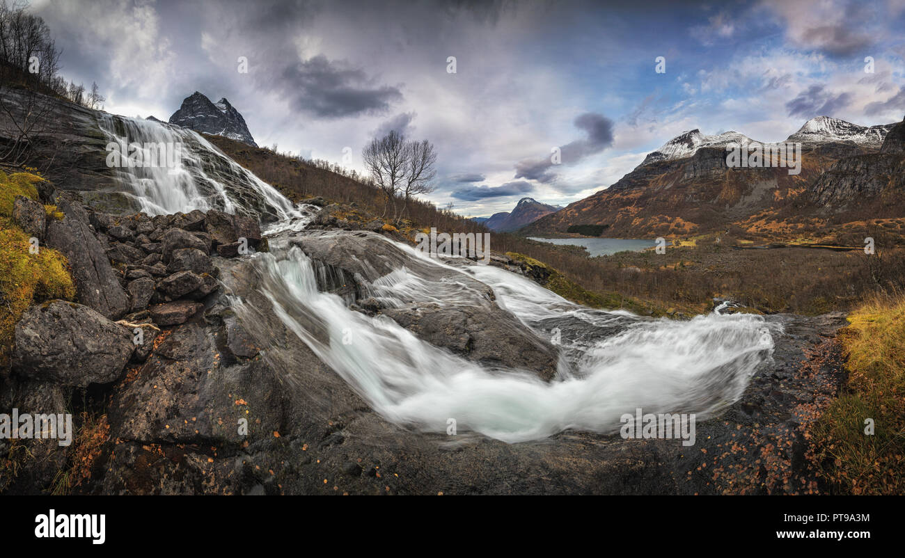 Waterfalls on river Flou. Autumnal hike through Innerdalen valley in Trollheimen national park. Stock Photo