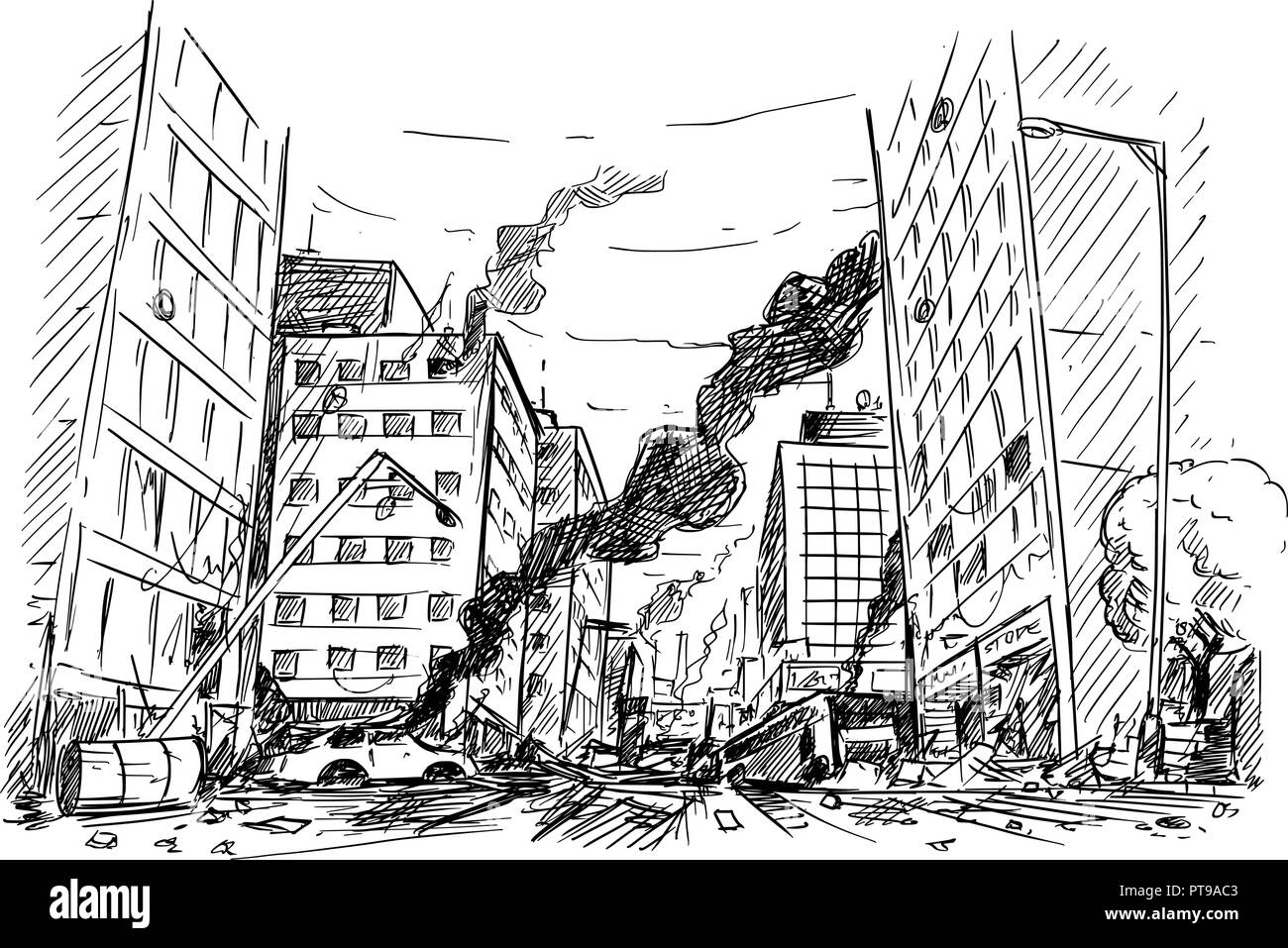 Hand Drawing of City Street Destroyed by War or Riot or Disaster Stock Vector