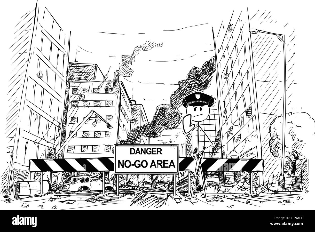 Hand Drawing of City Street Destroyed by Riot, Road Blocked by Danger No-Go Area Sign and Policemen Stock Vector