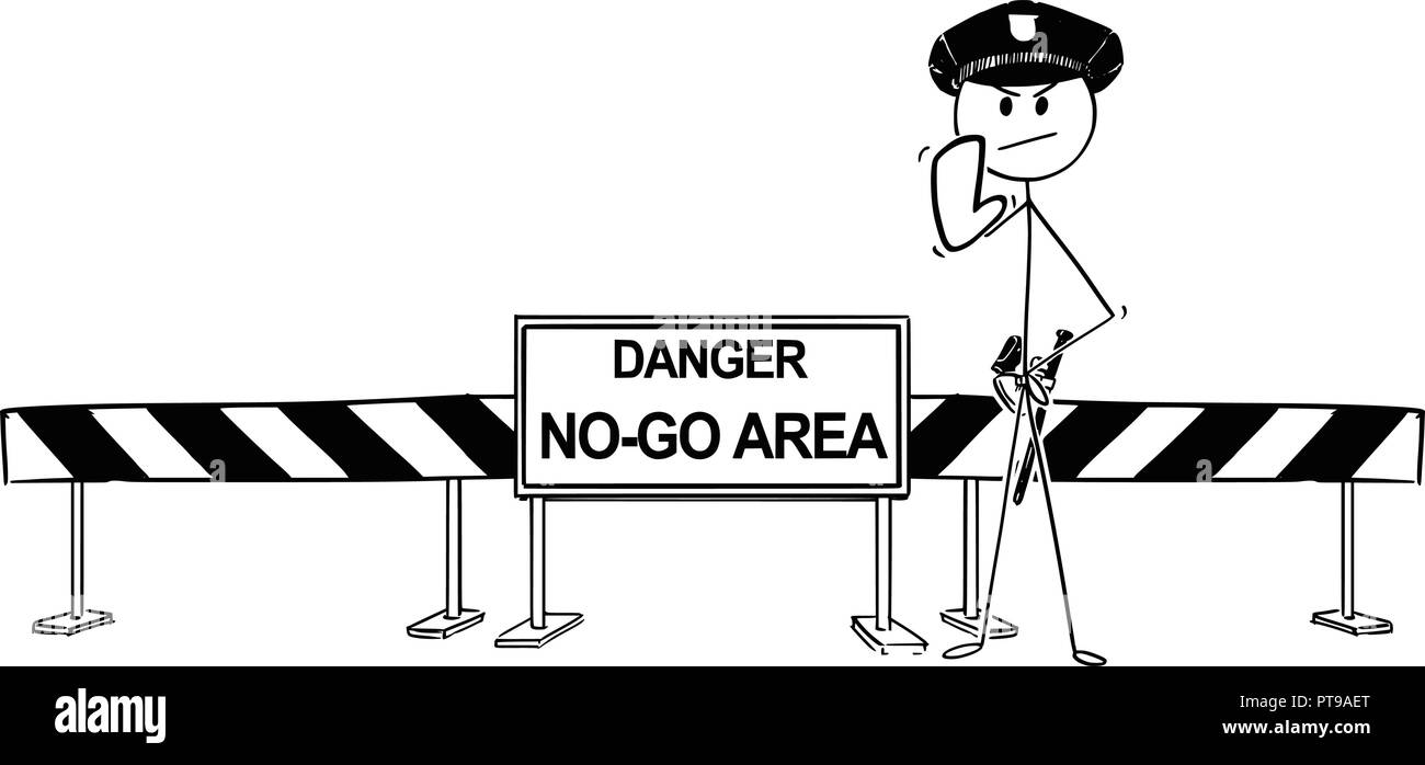 Hand Drawing of Policemen Standing Near Road Block With No-Go Area Sign Stock Vector