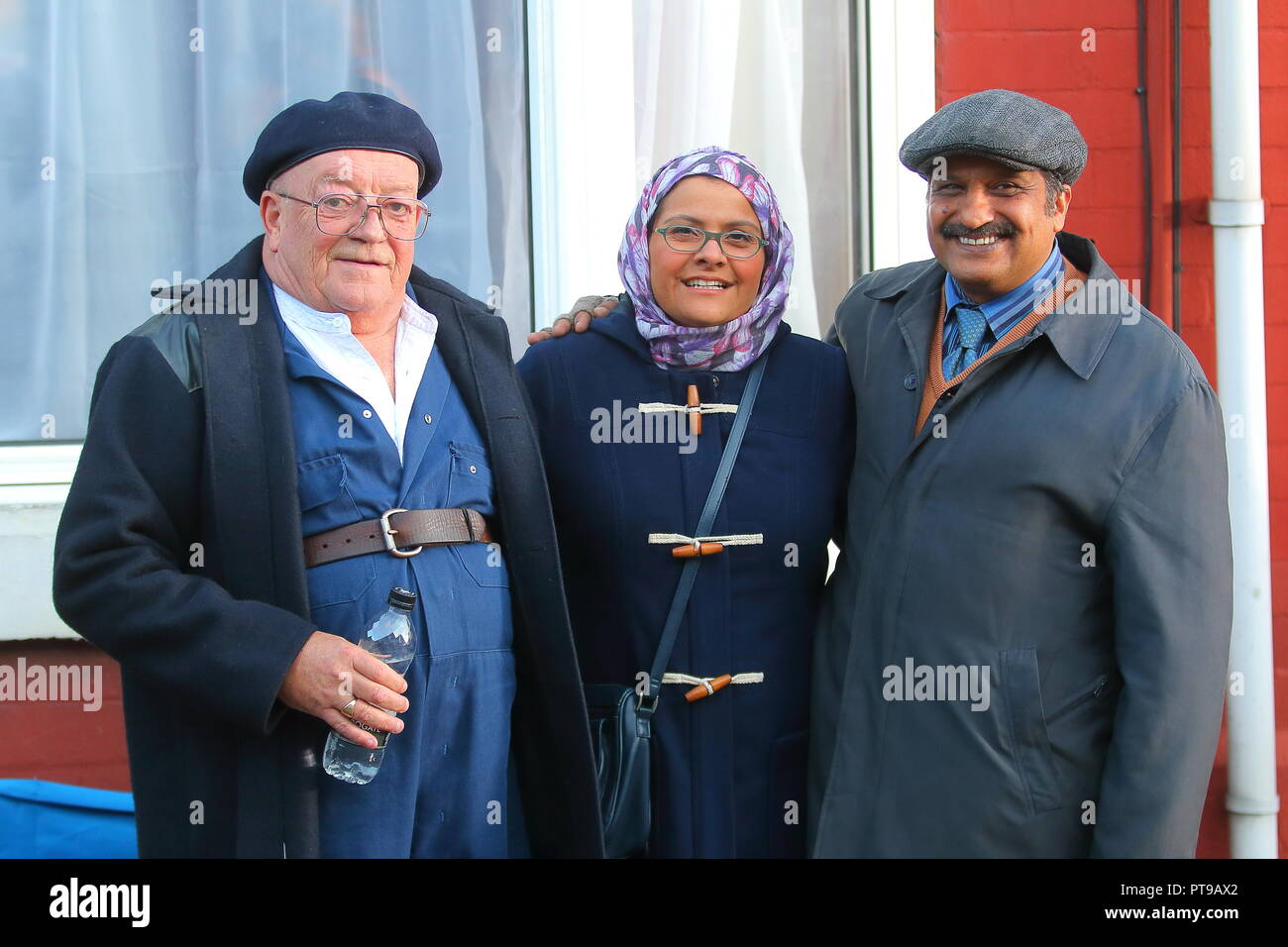 Tim Healy with Co Stars Nina Wadia & Kulvinder Ghir on the film set of Still Open All Hours in Doncaster Stock Photo