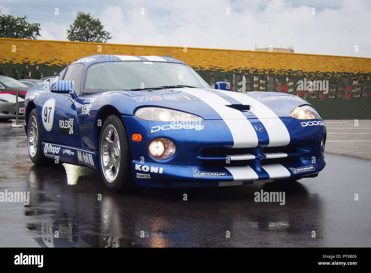VILNIUS, LITHUANIA-AUGUST 21, 2017: Blue 1998 Dodge (Chrysler) Viper GTS-R GT2 Championship Edition in the rain. This model is one of the most popular Stock Photo