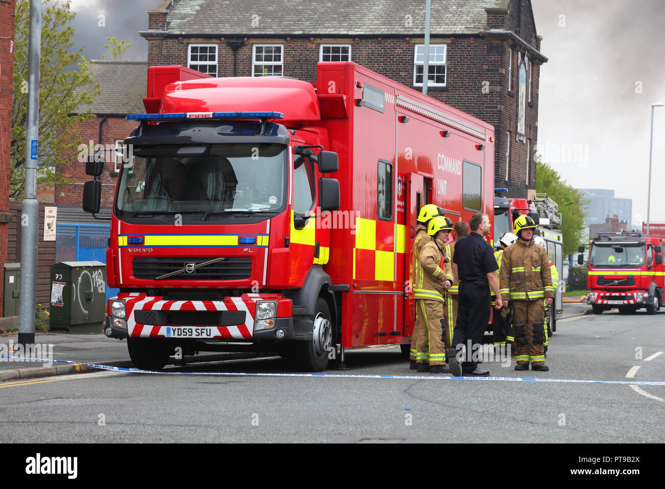 A fire command unit set up near to a fire incident in Armley, Leeds