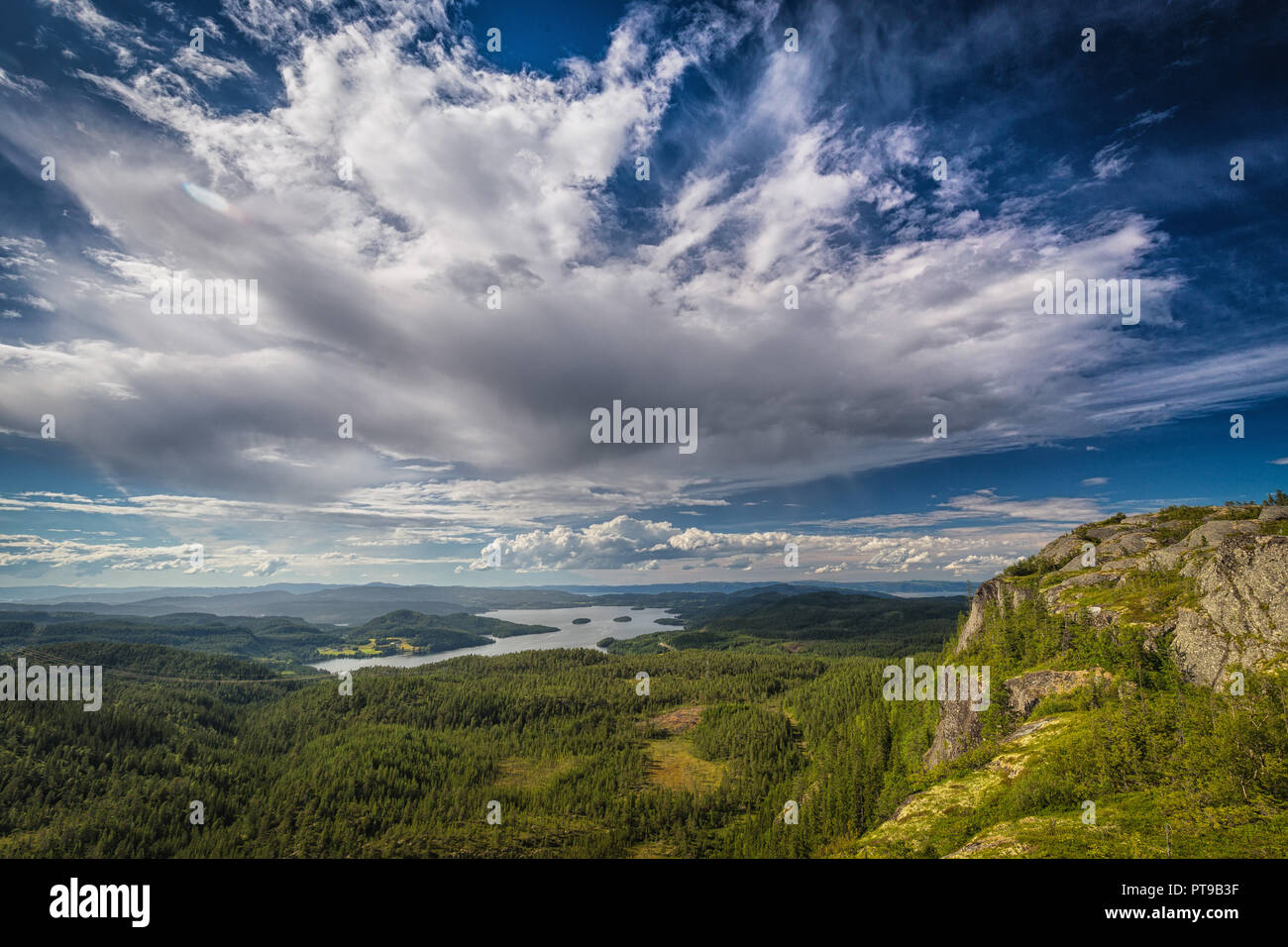 View from the top of Jervfjellet towards the Jonsvatnet lake. Trondheim area, Norway, summer time. Stock Photo