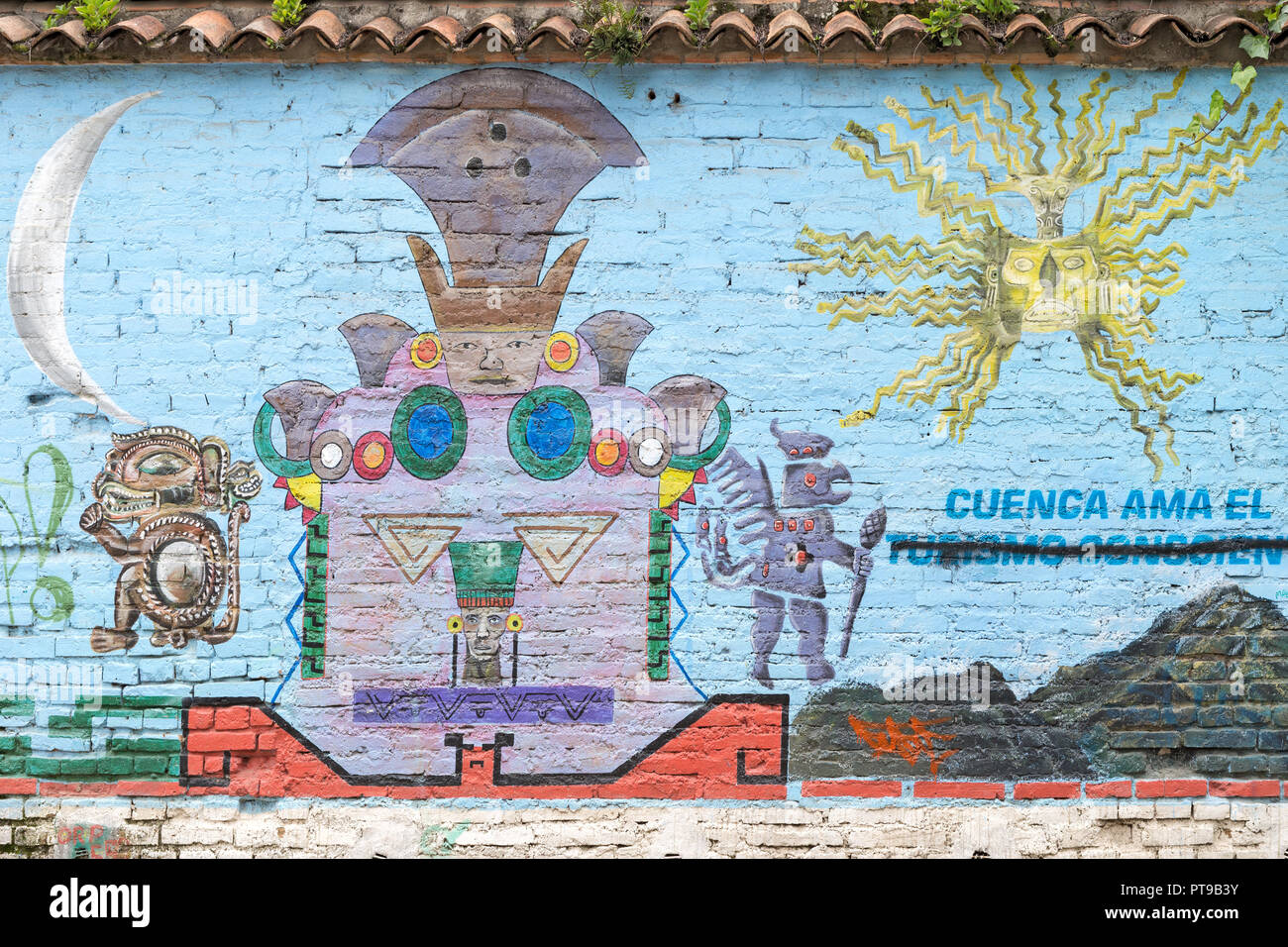 Mural of Inca symbols by Rio Tomebamba Cuenca Ecuador Stock Photo