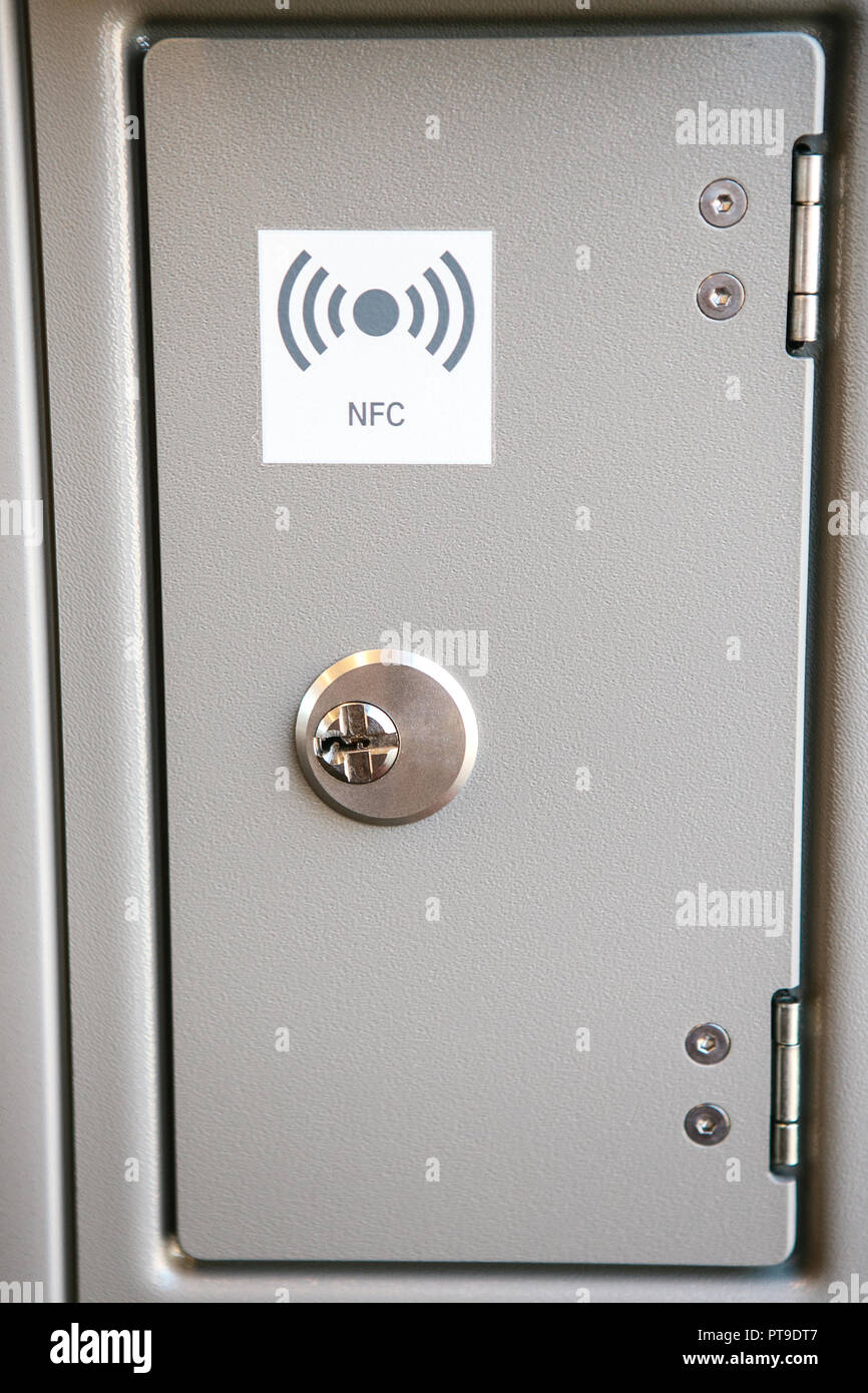 Close-up closed box with equipment for NFC or wireless internet or Wi-Fi in the train. Stock Photo