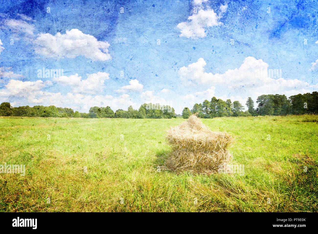 Summer landscape with haystack and blue sky- vintage style Stock Photo ...