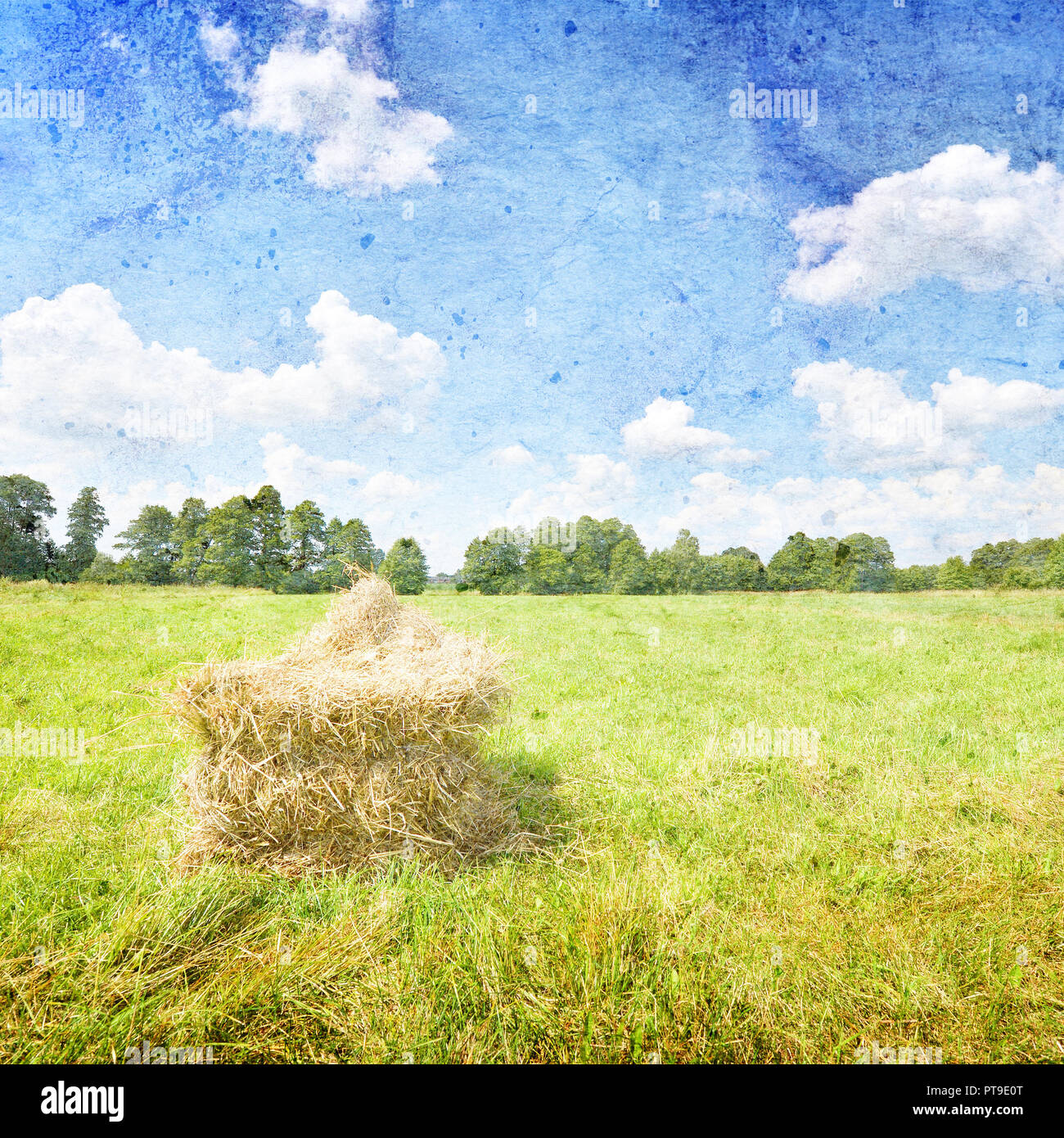 Summer landscape with haystack and blue sky- vintage style Stock Photo ...