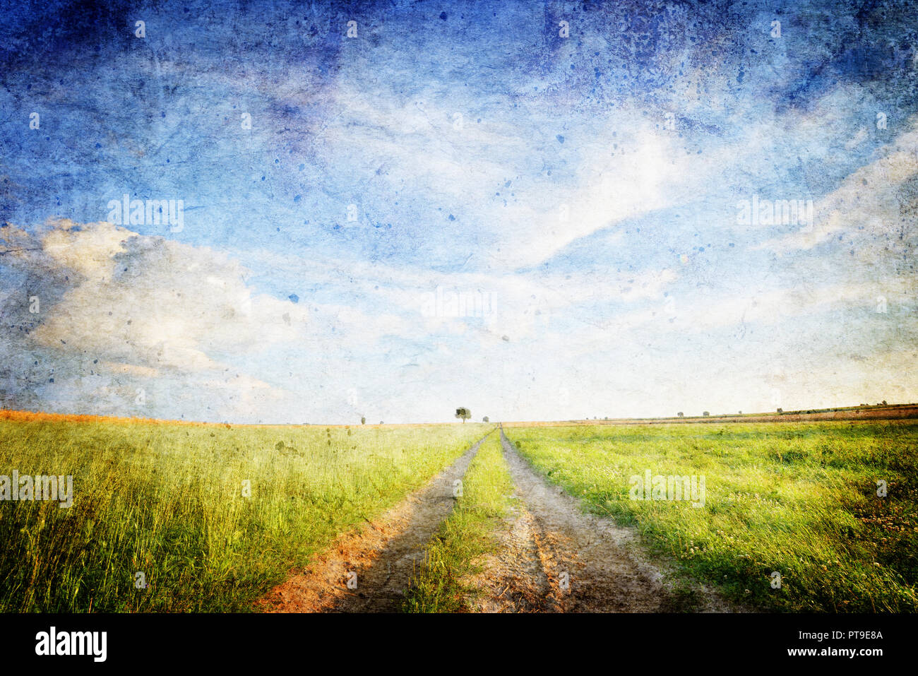 Beautiful summer landscape with dirt road and blue sky- vintage style ...