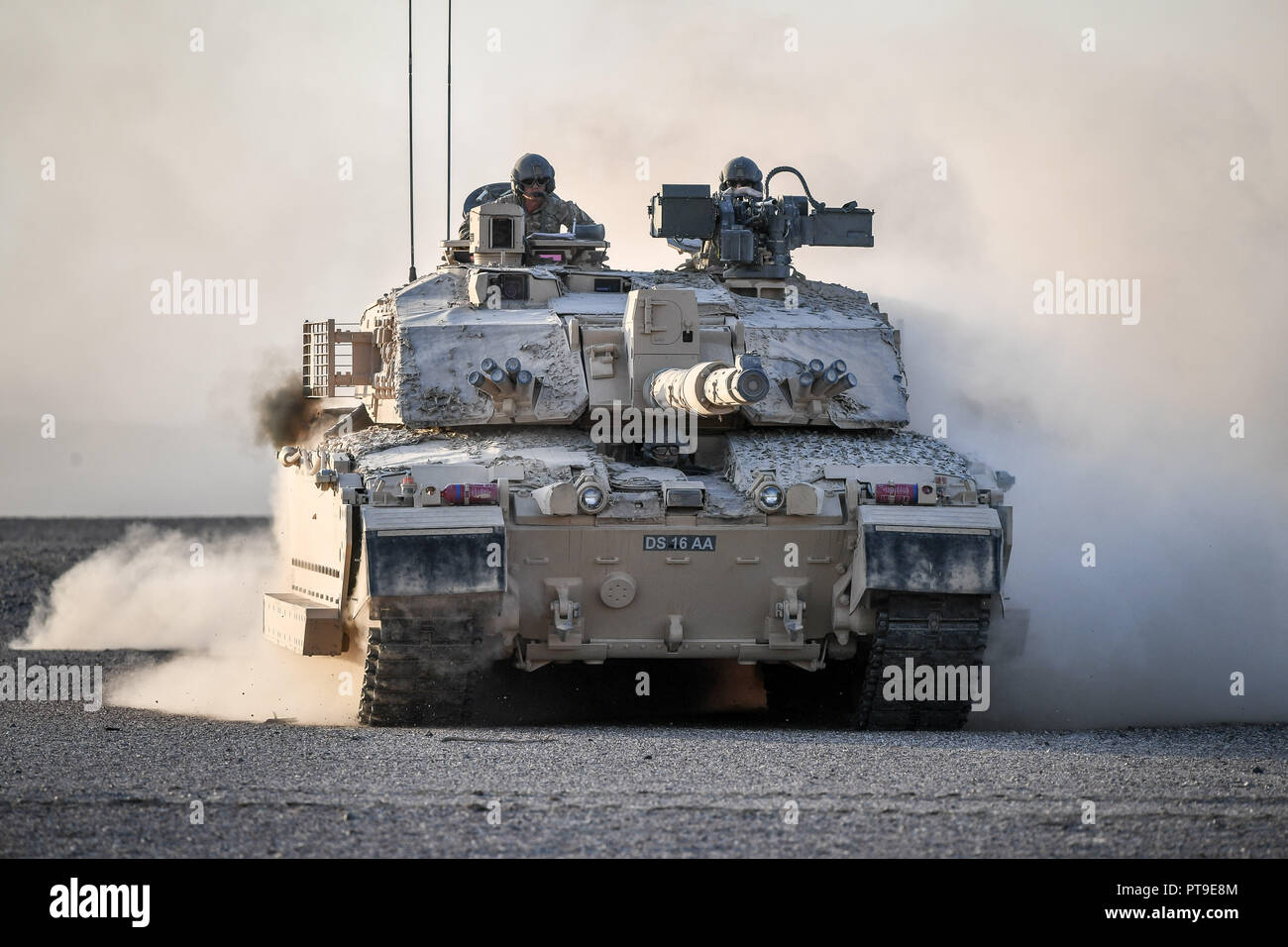 A Challenger II Main Battle Tank on manoeuvres in the Oman desert, where UK forces are taking part in a month-long exercise, Saif Sareea 3. Stock Photo