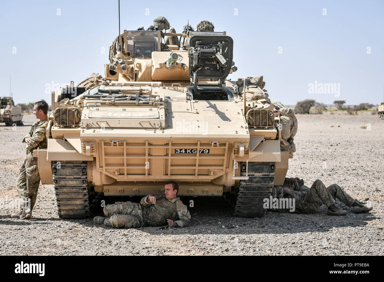 A Warrior armoured fighting vehicle crew take shade from the searing heat of the Oman desert, where UK forces are taking part in a month-long exercise, Saif Sareea 3. Stock Photo