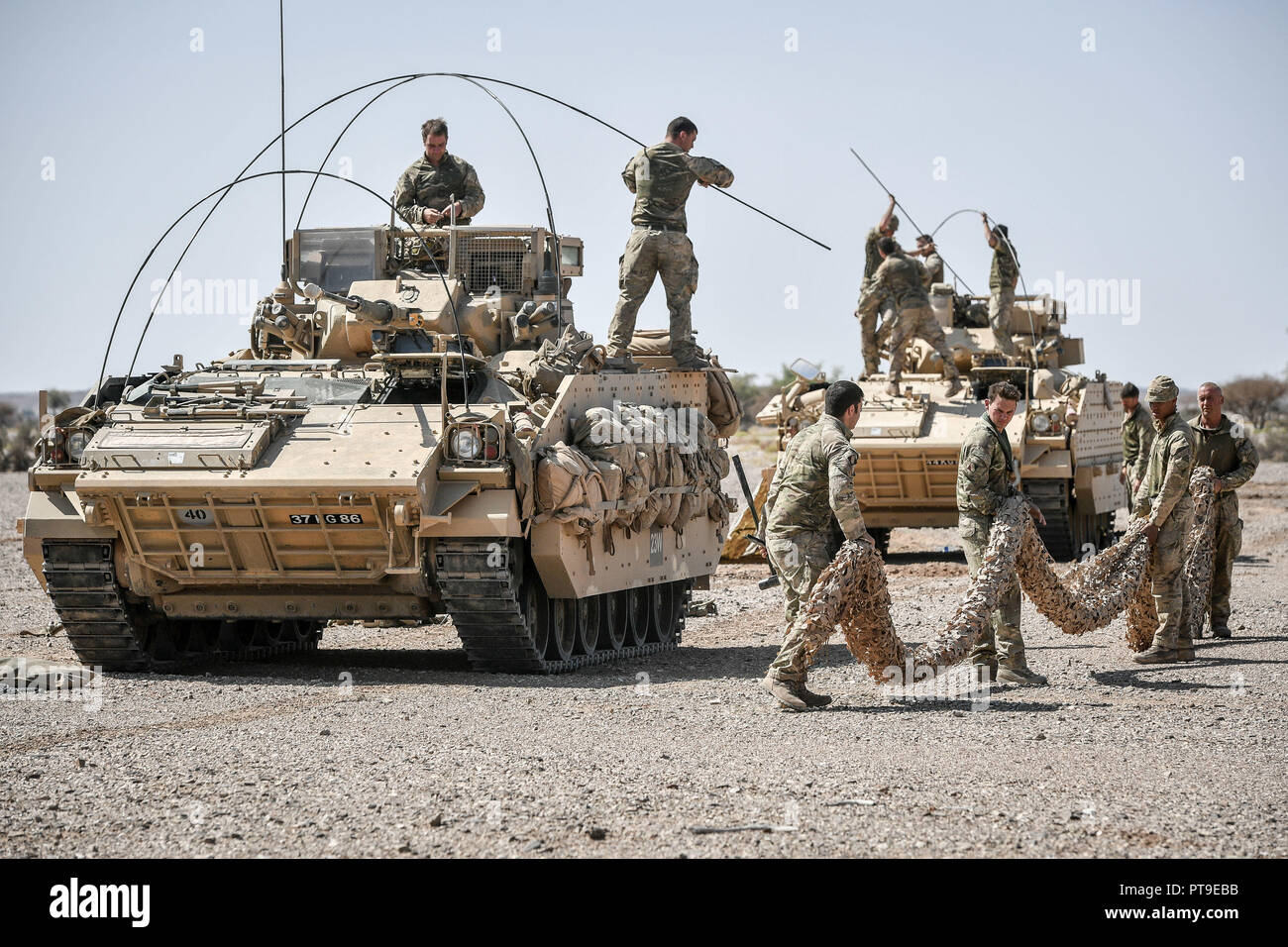 A Warrior armoured fighting vehicle crew prepare to camouflage their wagon in the Oman desert, where UK forces are taking part in a month-long exercise, Saif Sareea 3. Stock Photo