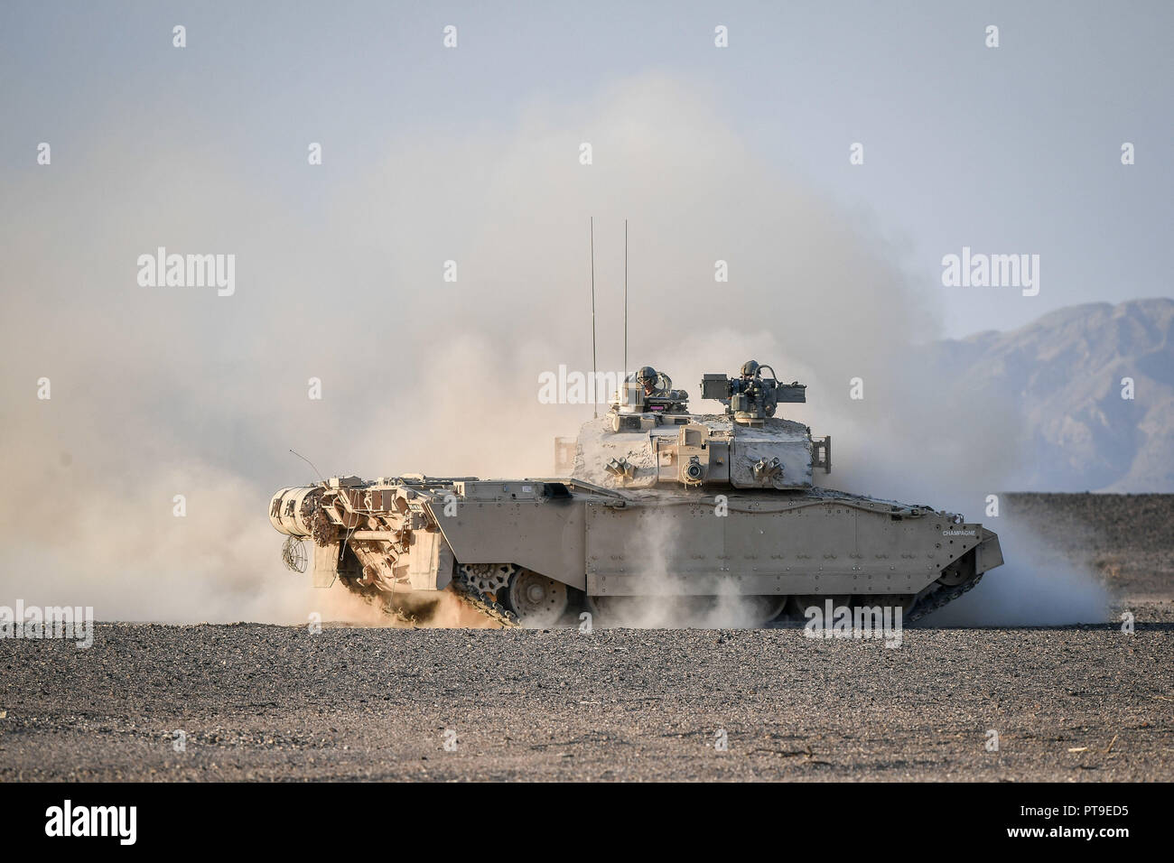 A Challenger II Main Battle Tank on manoeuvres in the Oman desert, where UK forces are taking part in a month-long exercise, Saif Sareea 3. Stock Photo