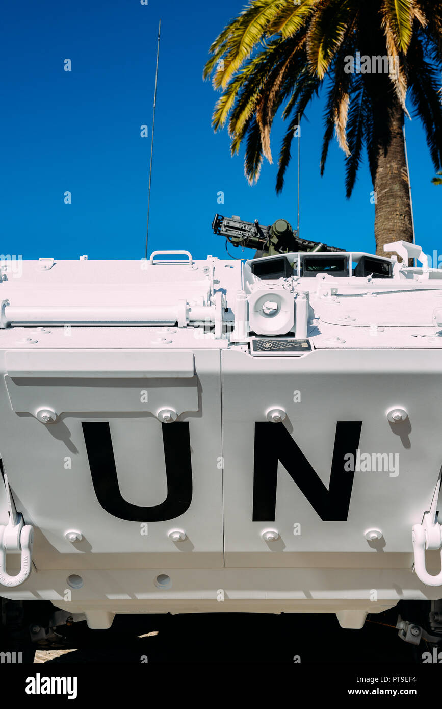Close up of United Nations peacekeeping tank vehicle with machine gun mounted on top Stock Photo