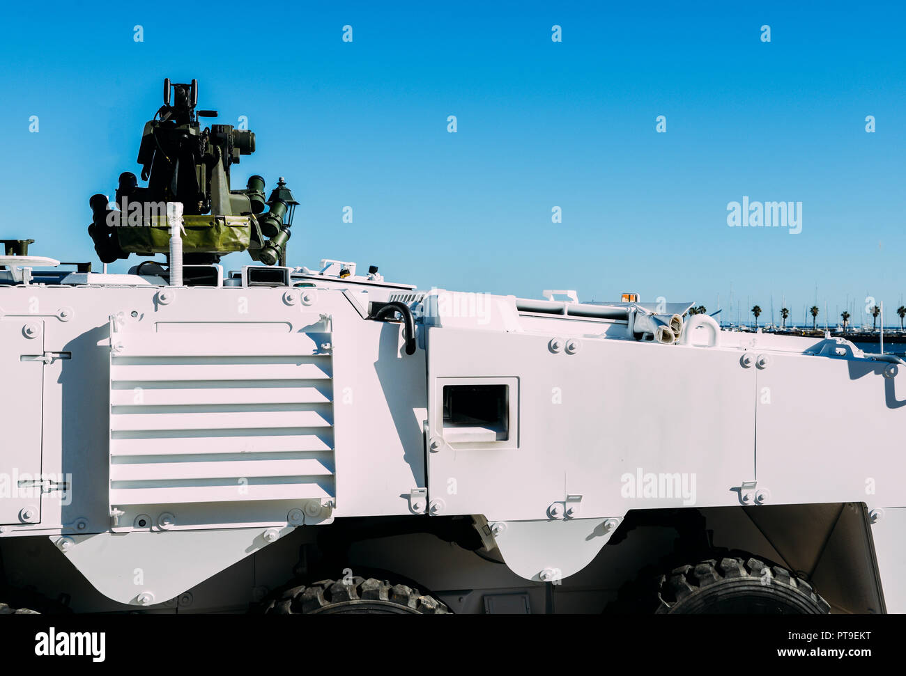 Generic army peacekeeping tank vehicle with machine gun mounted on top. Stock Photo