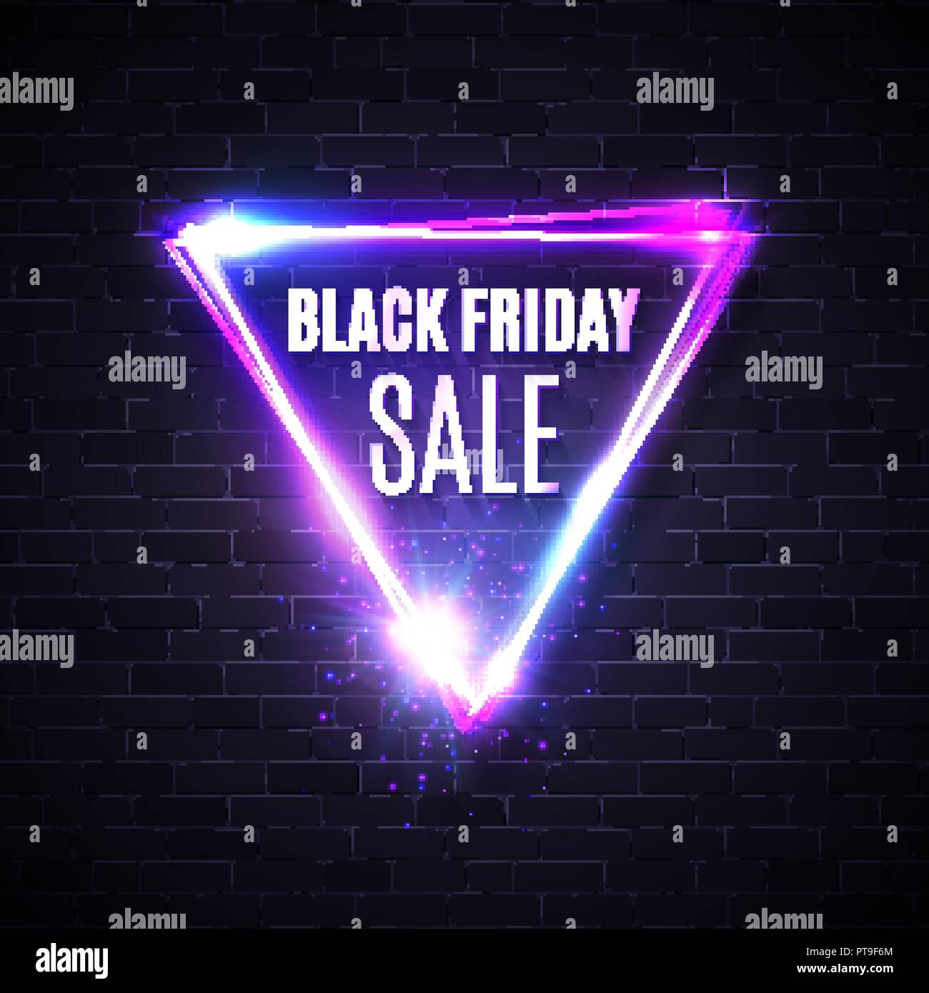 Black friday banner. Neon triangle background. Shining geometric shape. Glowing tag. Modern shopping sign on brick backdrop. Black friday sales design. Electric vector illustration. Stock Vector