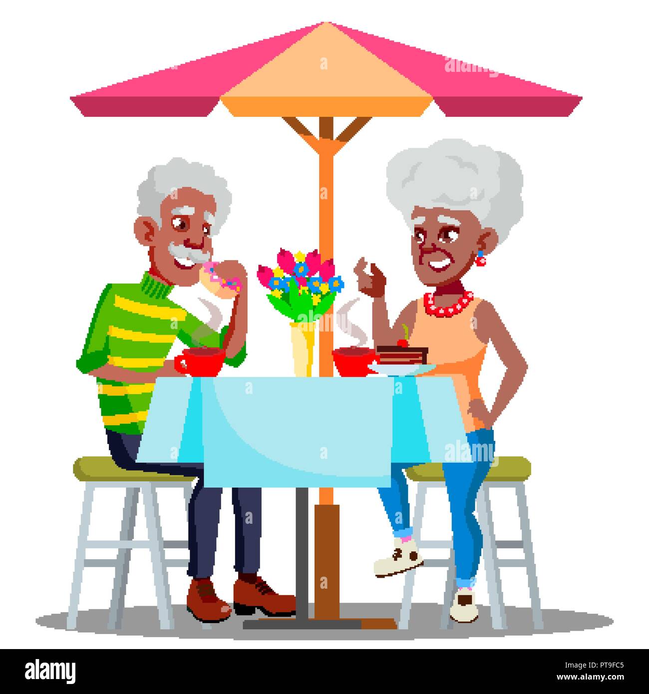 Happy Elderly Couple In Cafe At A Table Drinking Coffee Together Vector. Isolated Illustration Stock Vector