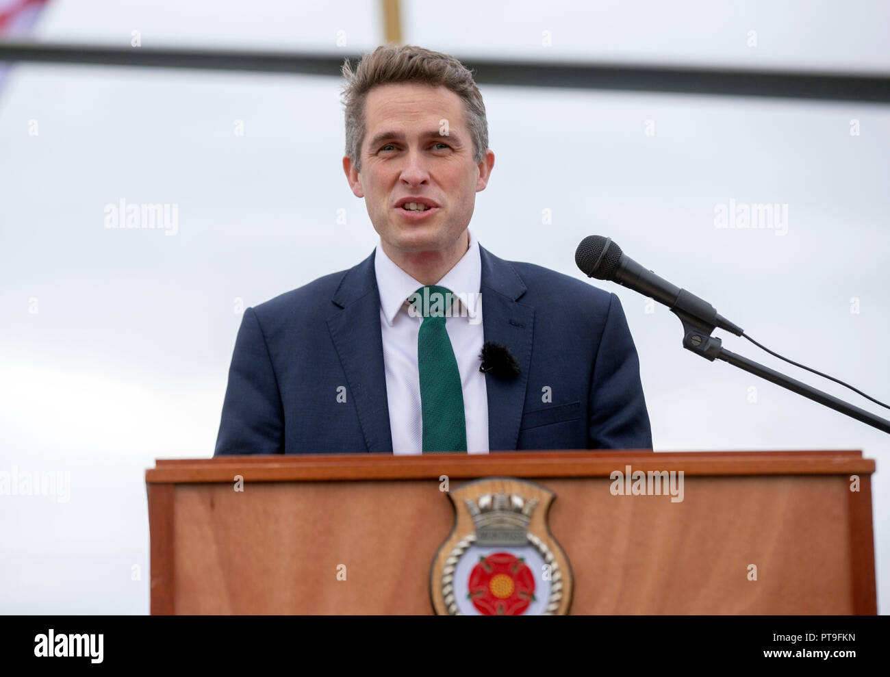 Defence Secretary Gavin Williamson on the deck of HMS Montrose at HMNB Devonport, Plymouth. Stock Photo
