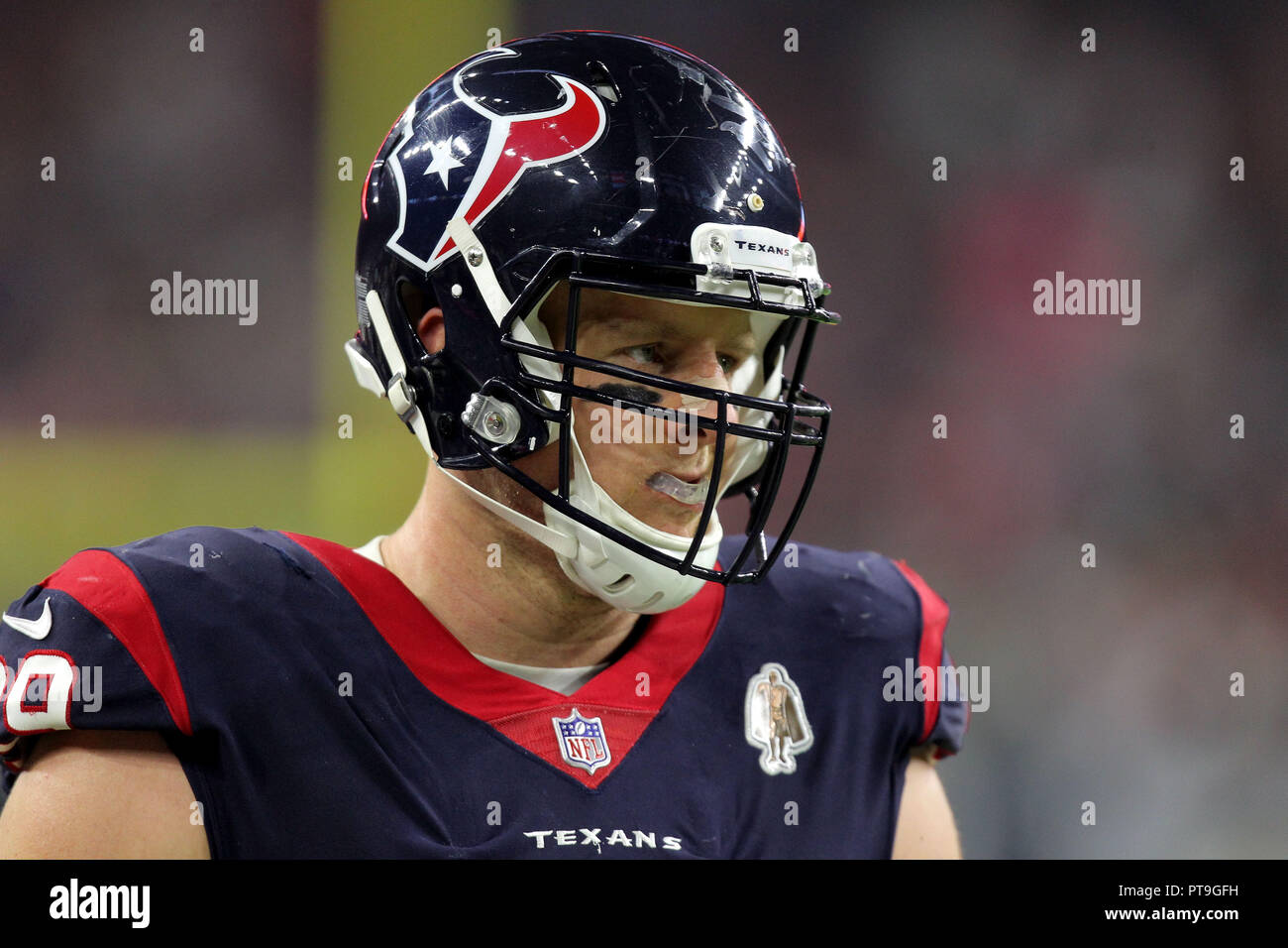 Houston, USA. 18 August 2018. The Walter Payton award on Houston Texans  defensive end J.J. Watt (99) jersey during a preseason NFL football game  between the Houston Texans and the San Francisco