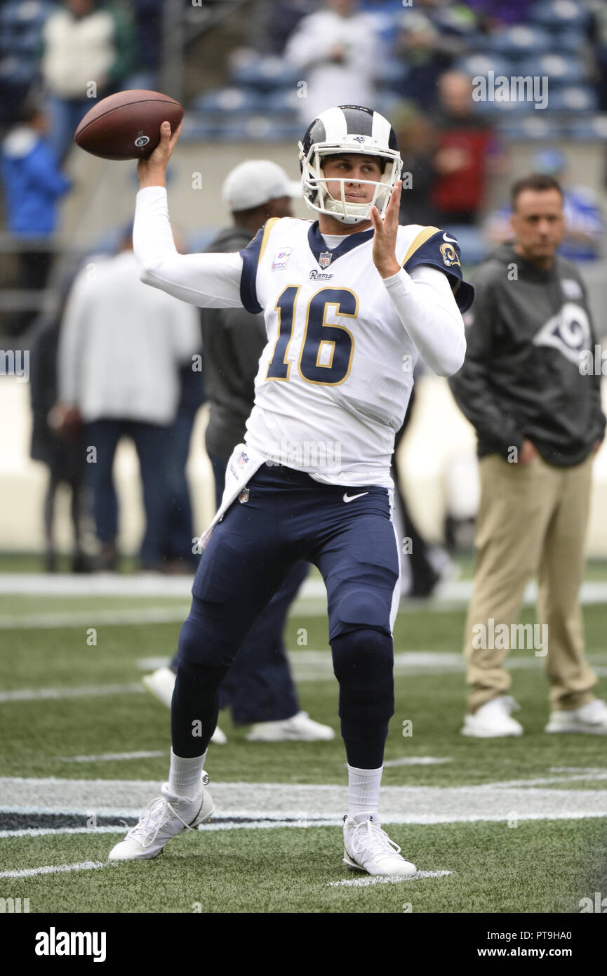 Seattle, Washington, USA. 7th Oct, 2018. Rams quarterback JARED GOFF (16) warms pregame as the Los Angeles Rams play the Seattle Seahawks in a NFC West game at Century Link Field in Seattle, WA. Credit: Jeff Halstead/ZUMA Wire/Alamy Live News Stock Photo