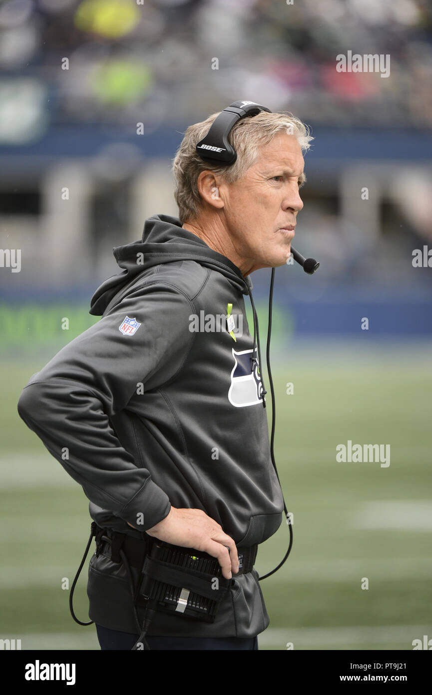 Seattle, Washington, USA. 7th Oct, 2018. PETE CARROLL looks on from the sideline during a game between the Los Angeles Rams and the Seattle Seahawks. The Rams won the NFC West game at Century Link Field in Seattle, WA. Credit: Jeff Halstead/ZUMA Wire/Alamy Live News Stock Photo