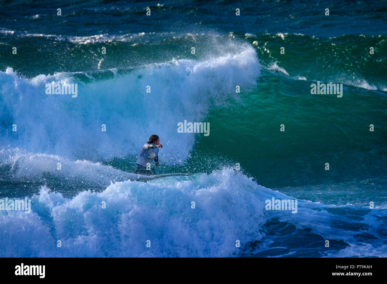 Newquay, UK. 6th October 2018.  Eventual men's champion Jay Quinn surfing for Wales  Featuring teams from Scotland, Wales, England and the Channel Islands, the Cup was eventually won by England, With Jay Quinn of Wales winning the men's division and Lucy Campbell of England winning the overall women's. Credit Mike Newman / Alamy Live News Stock Photo