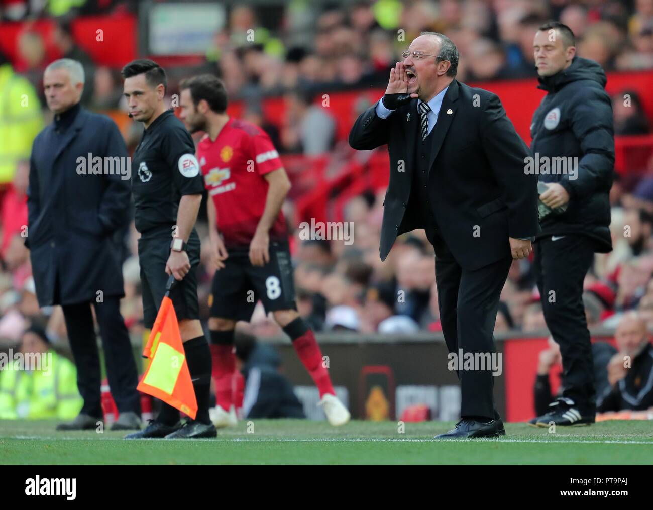 JOSE MOURINHO, JUAN MATA & RAFA BENITEZ MANCHESTER UNITED FC V NEWCASTLE UNITED FC MANCHESTER UNITED FC V NEWCASTLE UNITED FC OLD TRAFFORD, MANCHESTER, ENGLAND 06 October 2018 GBD12368 STRICTLY EDITORIAL USE ONLY. If The Player/Players Depicted In This Image Is/Are Playing For An English Club Or The England National Team. Then This Image May Only Be Used For Editorial Purposes. No Commercial Use. The Following Usages Are Also Restricted EVEN IF IN AN EDITORIAL CONTEXT: Use in conjuction with, or part of, any unauthorized audio, video, data, fixture lists, club/league logos, Stock Photo