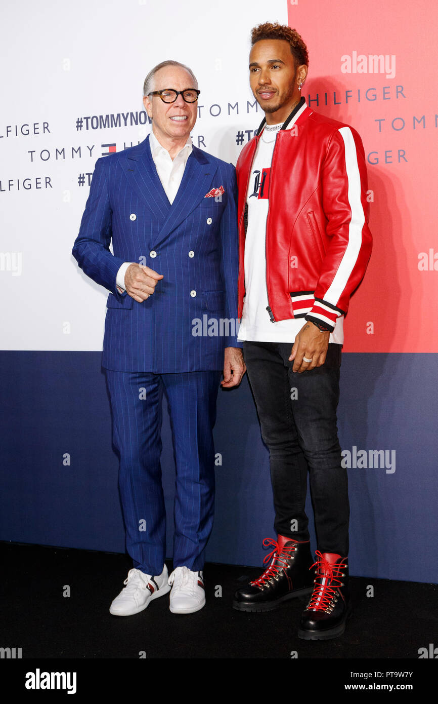 Tokyo, Japan. 8th October, 2018. (L to R) American fashion designer Tommy Hilfiger and F1 racer Lewis Hamilton pose for the during Tokyo Icons event on October 8, 2018, Japan.
