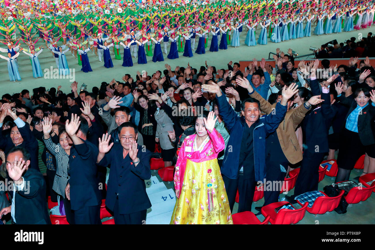 Anniversary of the 2007 inter-Korean summit, Oct 5, 2018 : North Koreans wave to South Korean delegation after the performance of the large-scale gymnastic and artistic show, 'the Glorious Country' at the May Day Stadium in Pyongyang, North Korea in this picture taken by Joint Press Corps Pyeongyang. A group of South Korean government officials, politicians and civic and religious leaders visited Pyongyang from Oct 4-6 to celebrate the 11th anniversary of the 2007 inter-Korean summit held in Pyongyang between then-South Korean President Roh Moo-Hyun and then-North Korean leader Kim Jong-Il. ED Stock Photo