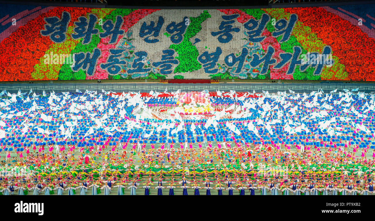 Anniversary of the 2007 inter-Korean summit, Oct 5, 2018 : North Koreans perform the large-scale gymnastic and artistic show, 'the Glorious Country' at the May Day Stadium in Pyongyang, North Korea in this picture taken by Joint Press Corps Pyeongyang. A group of South Korean government officials, politicians and civic and religious leaders visited Pyongyang from Oct 4-6 to celebrate the 11th anniversary of the 2007 inter-Korean summit held in Pyongyang between then-South Korean President Roh Moo-Hyun and then-North Korean leader Kim Jong-Il. EDITORIAL USE ONLY (Mandatory Credit: Joint Press C Stock Photo
