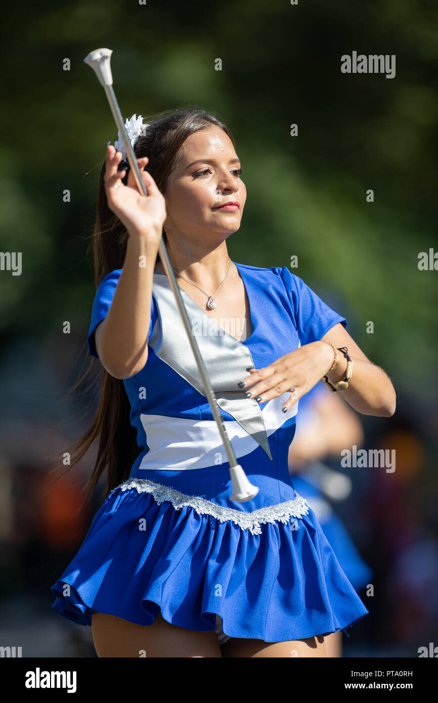 Washington, D.C., USA - September 29, 2018: The Fiesta DC Parade, Cheerleaders from the Angeles de Paz from el salvador, dancing at the parade Stock Photo