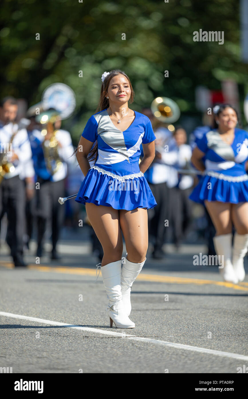 Washington, D.C., USA - September 29, 2018: The Fiesta DC Parade, Cheerleaders from the Angeles de Paz from el salvador, dancing at the parade Stock Photo
