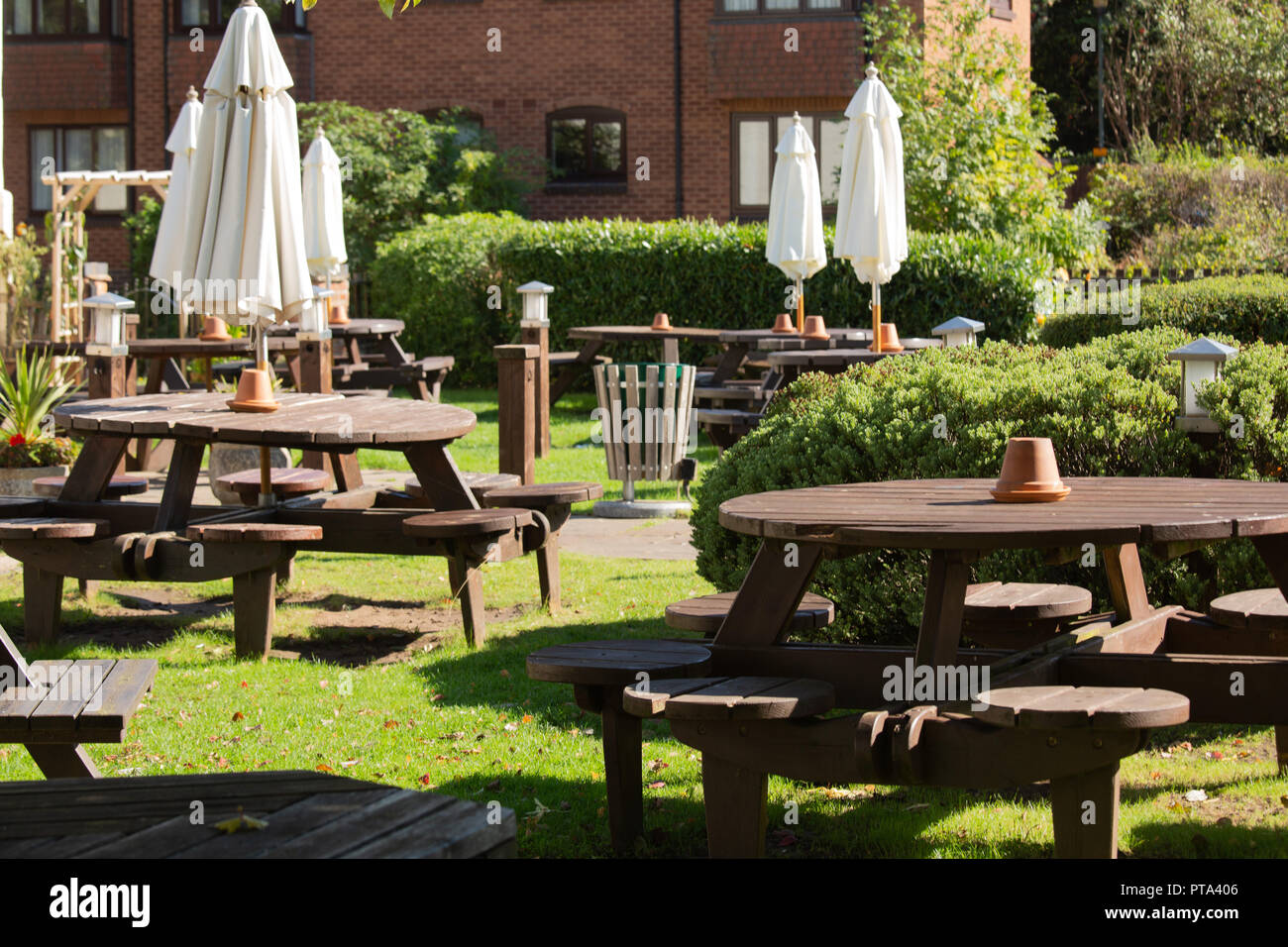 Empty tables outside a pub restaurant in Stratford upon Avon Warwickshire. Stock Photo